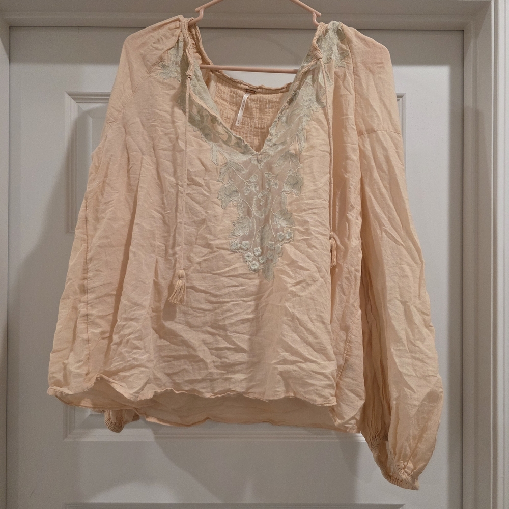 Free People Peach Embroidered Long Sleeve Blouse